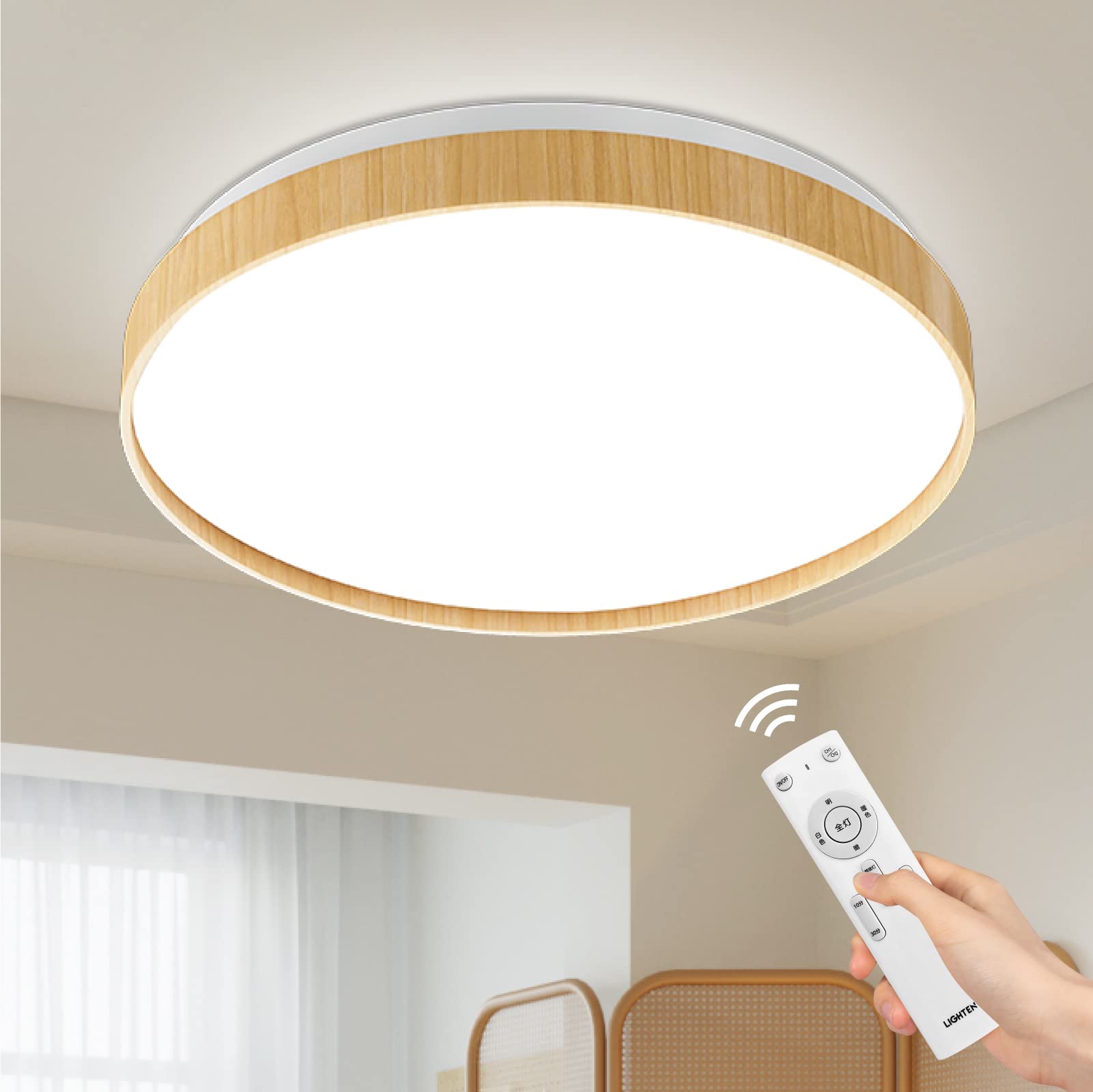 禄越 LEDシーリングライト 12畳 48W 5700LM 調光 調色 天井照明 シーリングライト 薄型 リモコン付き ledライト 照明 おしゃれ 取付簡単 お休みタイマー 常夜灯モード 明るさメモリー LED 照明器具 天井ライト 和室 洋室 子供部屋 リビング 寝室 廊下 屋内 (Φ48xH8cm 48W ナチュラル) ■