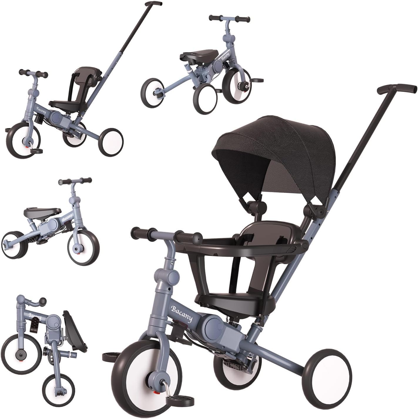 Bacany 子供用三輪車 7in1 三輪車 ステップ付き 折りたたみ 手押し棒 おしゃれ 1歳-6歳 コンパクト 自転車 おもちゃ 乗用玩具 幼児用 キッズバイク プレゼント おもちゃ 調整可能 お祝い ギフト シートベルト付き (グレー) ■