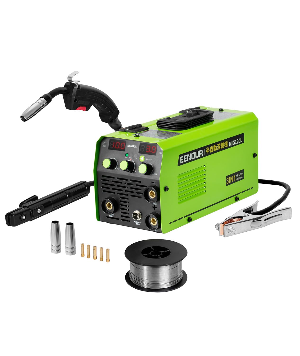 EENOUR 半自動溶接機 MIG120L 最大出力120A 1台3役 ノンガスMIG?被覆アーク?LIFT TIGに対応 液晶表示 インバーター搭載 100V専用 ノンガス溶接機 アーク溶接機 電流?電圧?インダクタンス調整可能 定格使用率40％ 小型 軽量 家庭用 初心者向け 簡単な修理 家具・雑貨のDIYに大活躍 ■