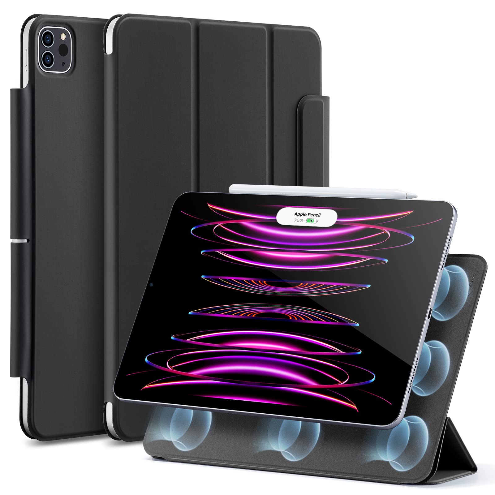 ESR iPad Pro 12.9 ケース (2022 2021 2020、第6 5 4世代) iPad Air 13インチ 専用カバー(2025 2024) マグネットス吸着式 Pencil2対応 三つ折りスタンド オートスリープ・ウェイク Rebound 磁気ケース ブラック ■