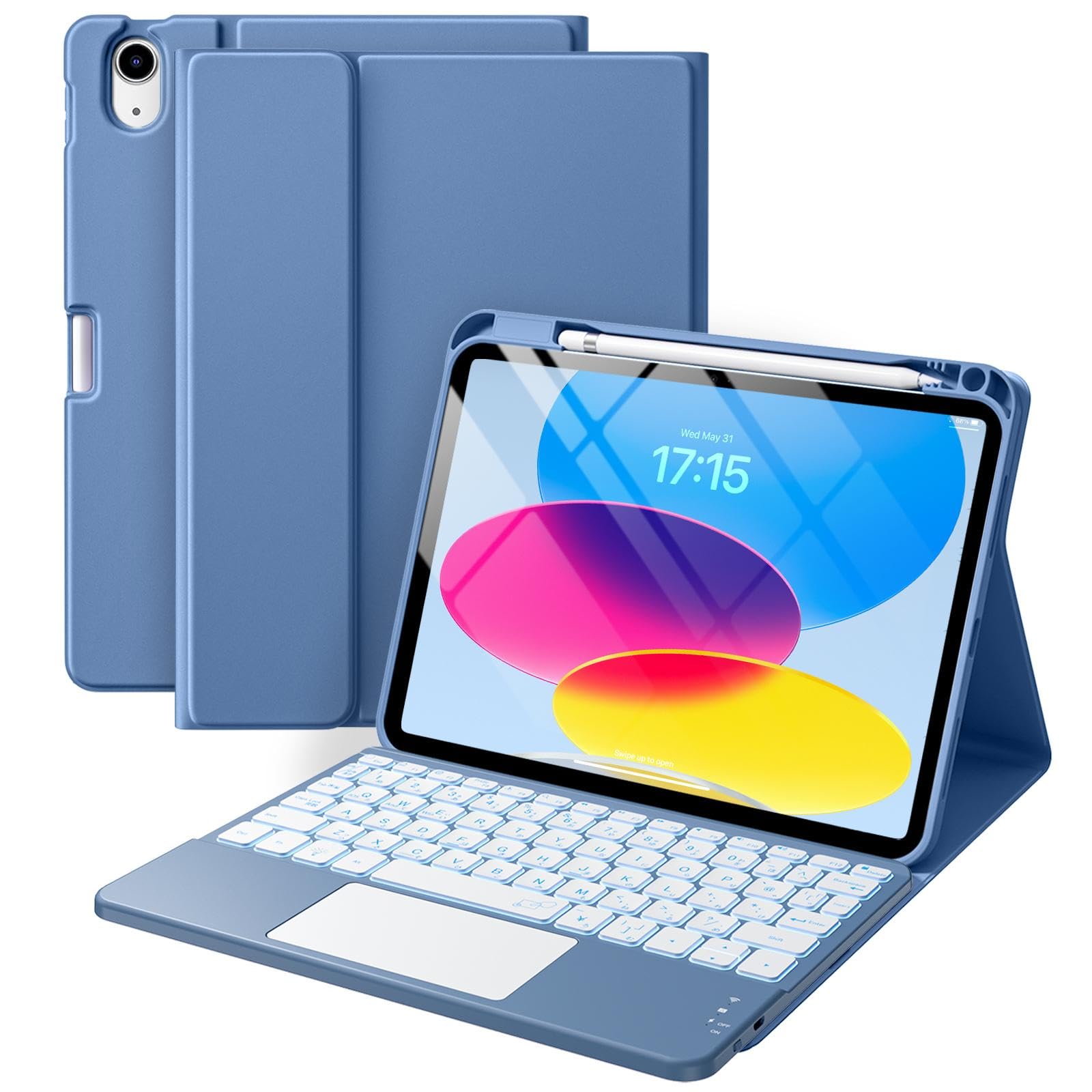 HETHOT iPad用 キーボード付きケース - 第11世代(A16 2025) 第10世代(2022) 11 10.9インチ 日本語JIS配列 7色バックライト防汚素材 脱着式 大容量バッテリー タッチパッド付きマグネット式 カラーキーボード ケース ■