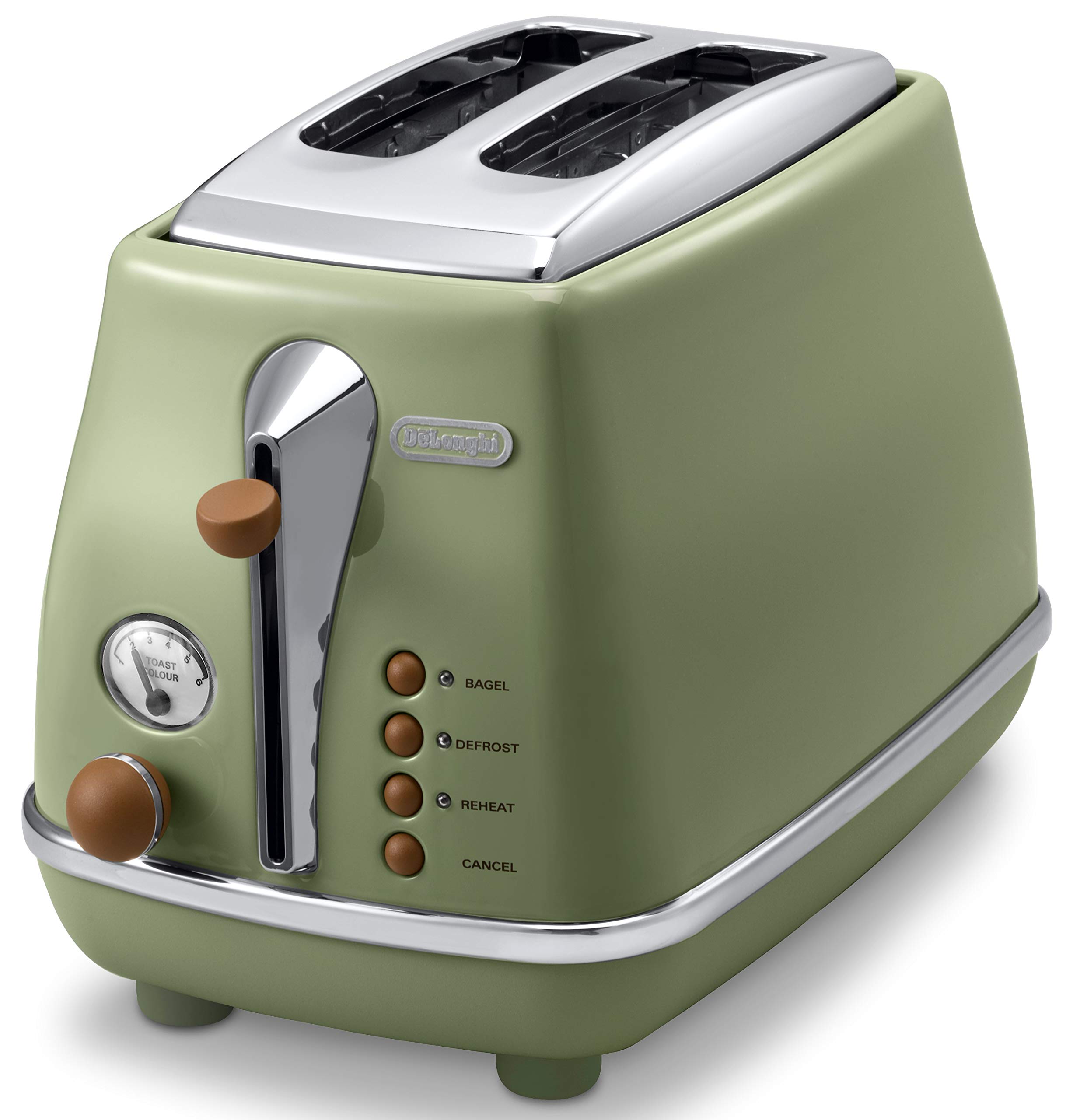 ★CTOV2003J-GR De'Longhi (デロンギ) ポップアップトースター アイコナ・ヴィンテージ CTOV2003J-GR トースト 食パン 片面焼き可能 4~10枚切り 焼き目調整6段階 埃よけカバー付属 簡単お手入れ [オリーブグリーン] デロンギファミリー登録で3年保証