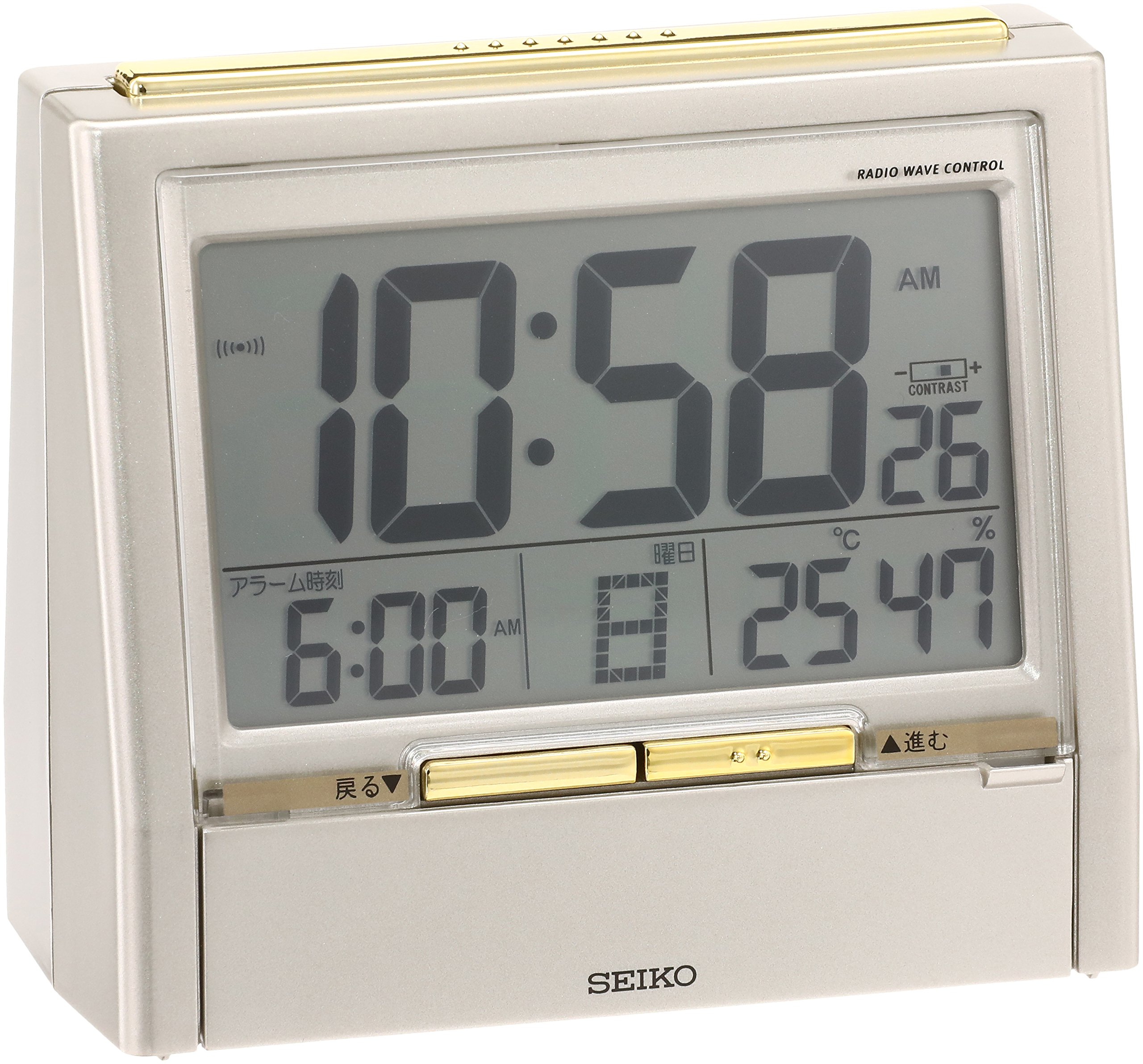 ★DA206G セイコークロック(Seiko Clock) セイコー クロック 目覚まし時計 TALK LINER トークライナー 音声時報 音声アラーム バイリンガル 切替 カレンダー 温度 湿度 表示 電波 デジタル 薄金色 パール DA206G SEIKO